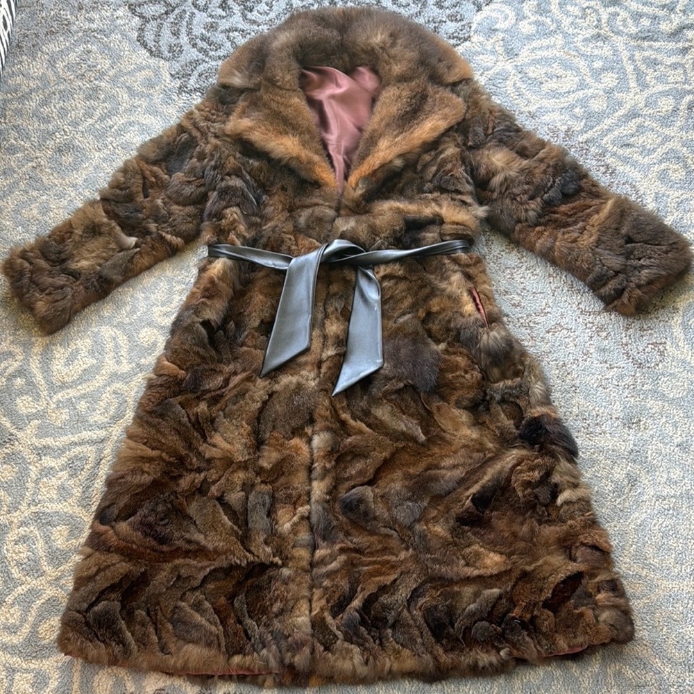 Vintage Mink Paw Full Length Belted Fur Coat Brown